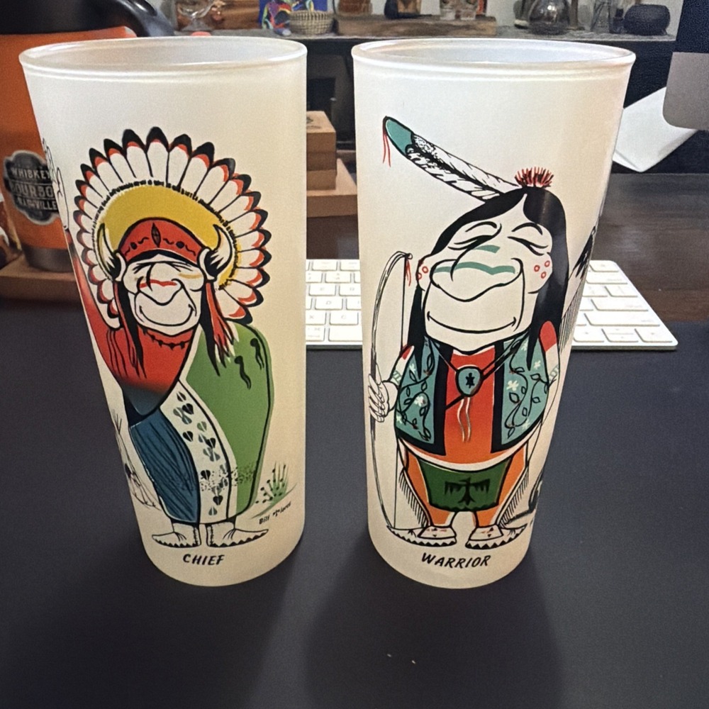 1950s Bill Flores Native American Figure Chief And Warrior 16 oz Glass Lot Of 2!